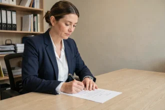 Femme fonctionnaire rédigeant une lettre de démission à son bureau dans un cadre administratif professionnel