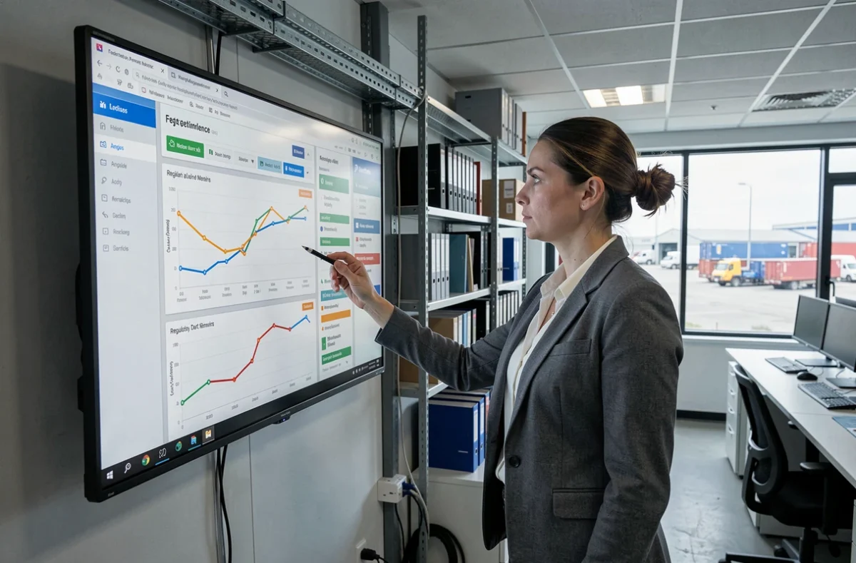 Responsable logistique féminine analysant un tableau de bord de conformité réglementaire pour conducteurs sur un écran mural dans un centre de gestion de flotte de transport routier