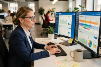 Responsable marketing analysant des campagnes Pay Per Click sur des écrans d'ordinateur avec tableaux de bord analytiques