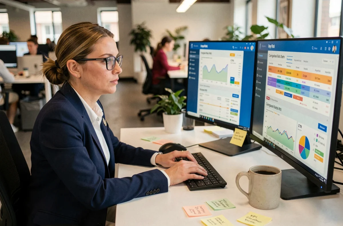 Responsable marketing analysant des campagnes Pay Per Click sur des écrans d'ordinateur avec tableaux de bord analytiques