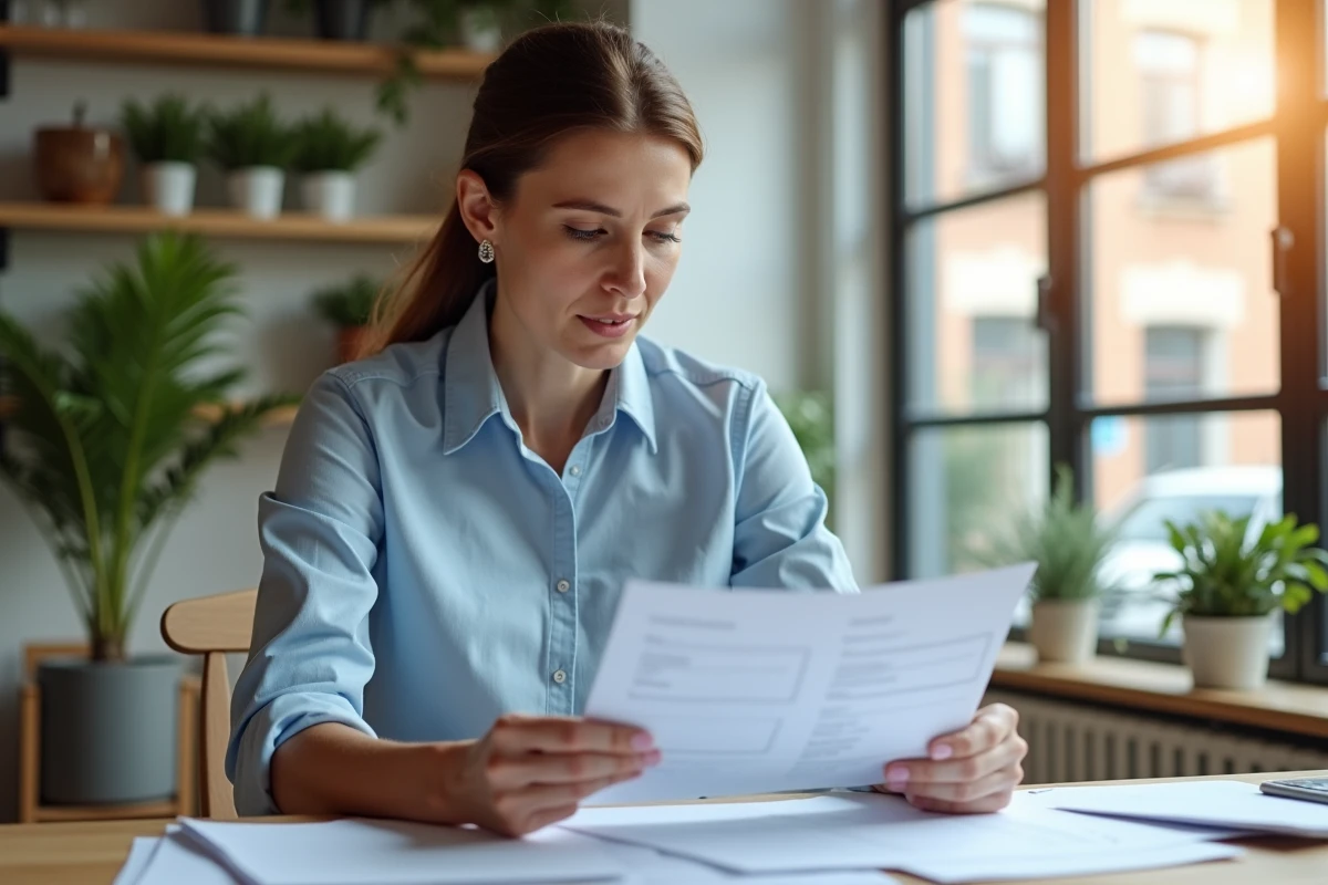 Responsable RH femme révisant des clauses de contrat de travail sur son bureau en open space pendant l'été