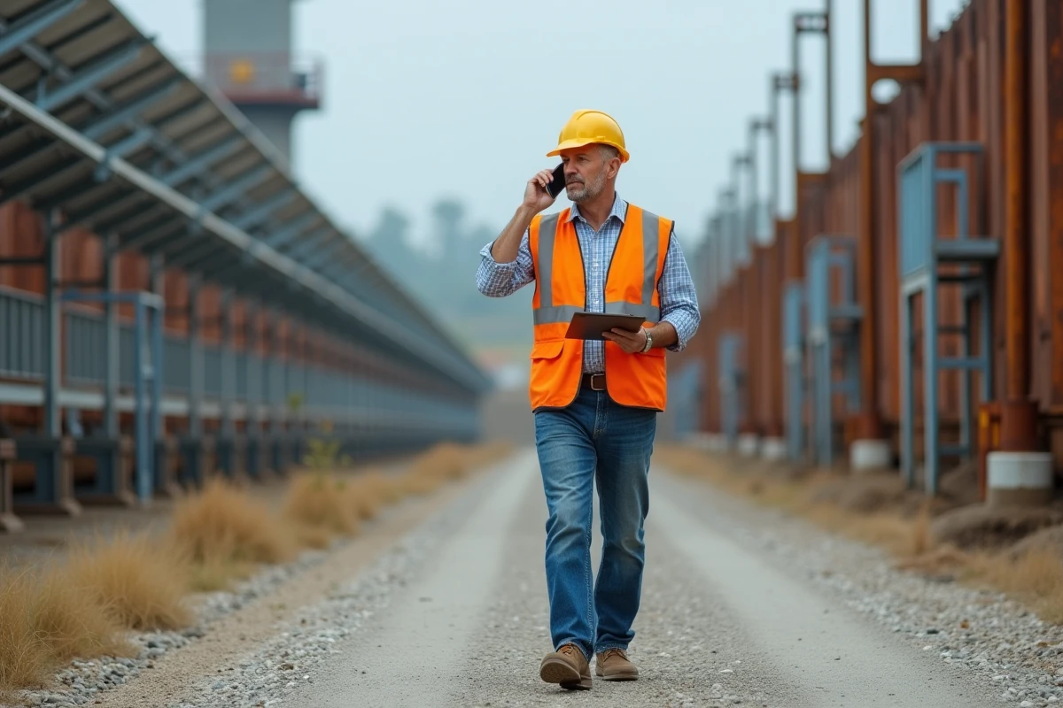Responsable industriel en visite sur un site de pôle éco-industries en cours de déploiement de panneaux photovoltaïques