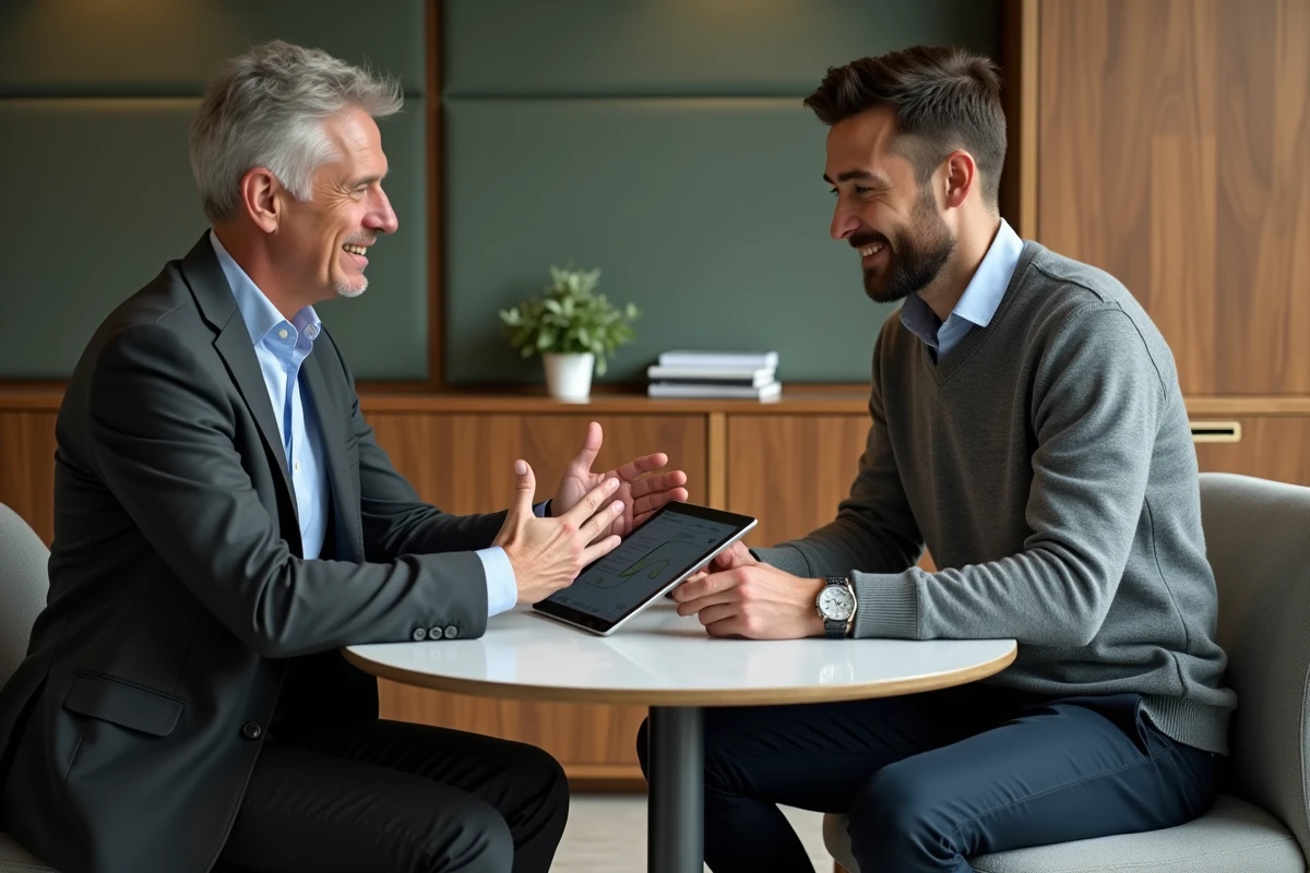 Réunion client entre un consultant du Groupe SYD et un directeur en entreprise, illustrant la relation de confiance et l'approche personnalisée qui distingue cette ESN du modèle classique