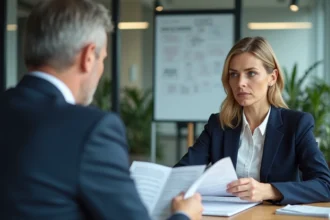 Réunion tendue entre une responsable marketing et un représentant d'agence de communication autour de documents contractuels, illustrant la méfiance post-affaire Rezoactif