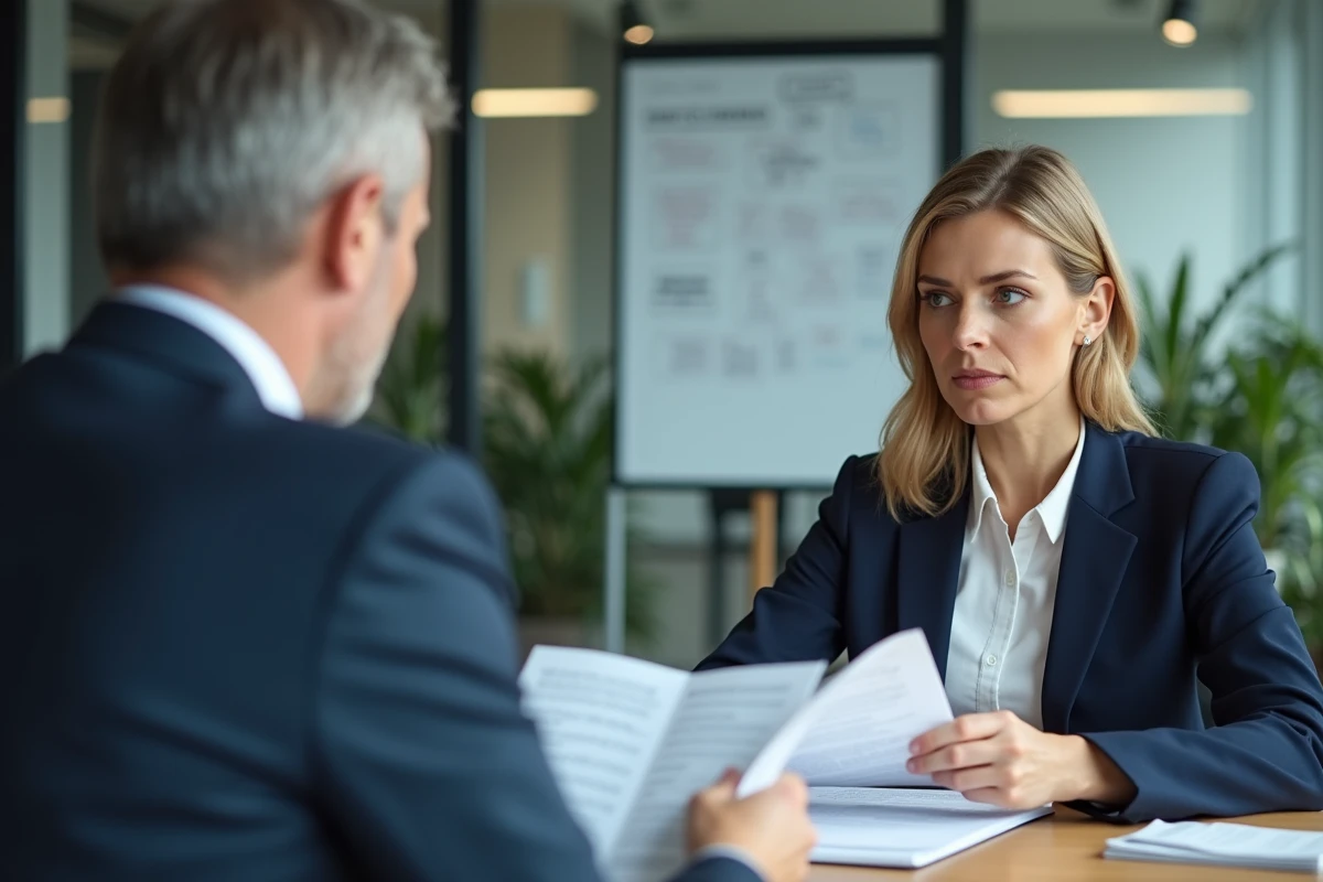 Réunion tendue entre une responsable marketing et un représentant d'agence de communication autour de documents contractuels, illustrant la méfiance post-affaire Rezoactif