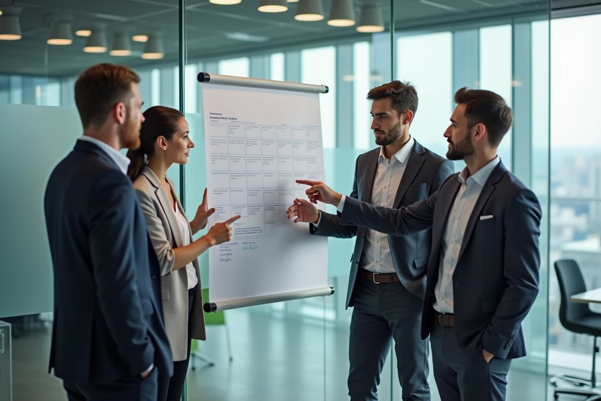 Groupe de collègues discutant autour d un calendrier dans une salle moderne