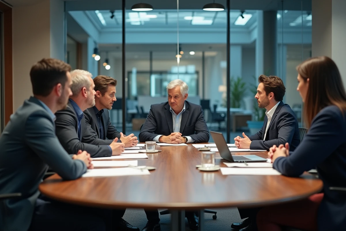 Réunion du comité social et économique autour d'une table de conférence dans une entreprise aéronautique