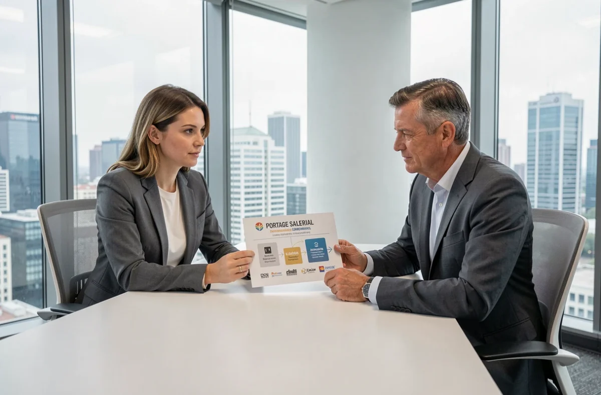 Deux professionnels comparant des sociétés de portage salarial autour d'un tableau récapitulatif en salle de réunion