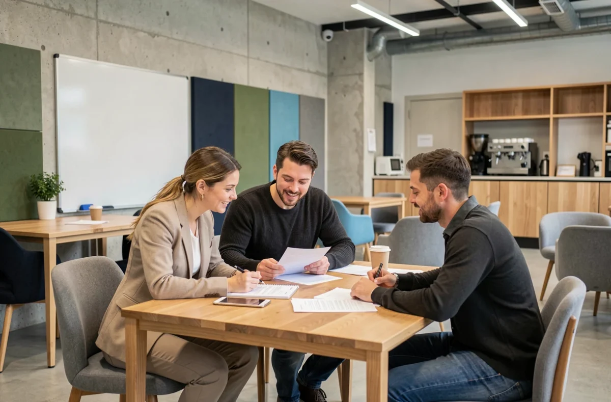 Groupe de professionnels en réunion dans un espace de coworking ouvert à Tourcoing autour d'une table partagée