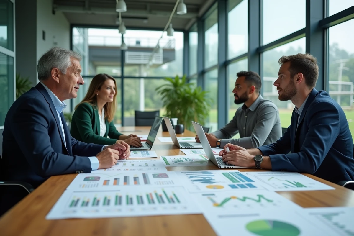 Réunion de dirigeants autour d'une table de conférence avec des plans de financement de la transition énergétique industrielle