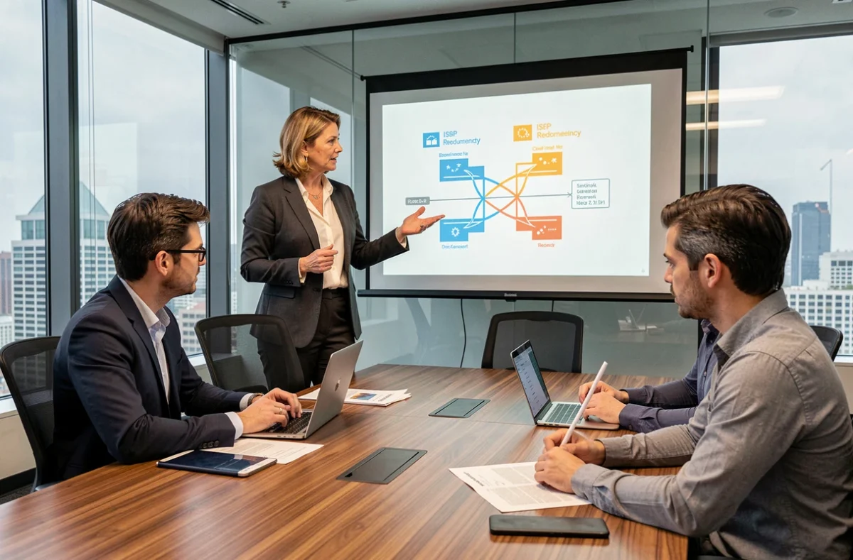 Réunion d'entreprise présentant un plan de redondance bi-connexion internet à une équipe de direction