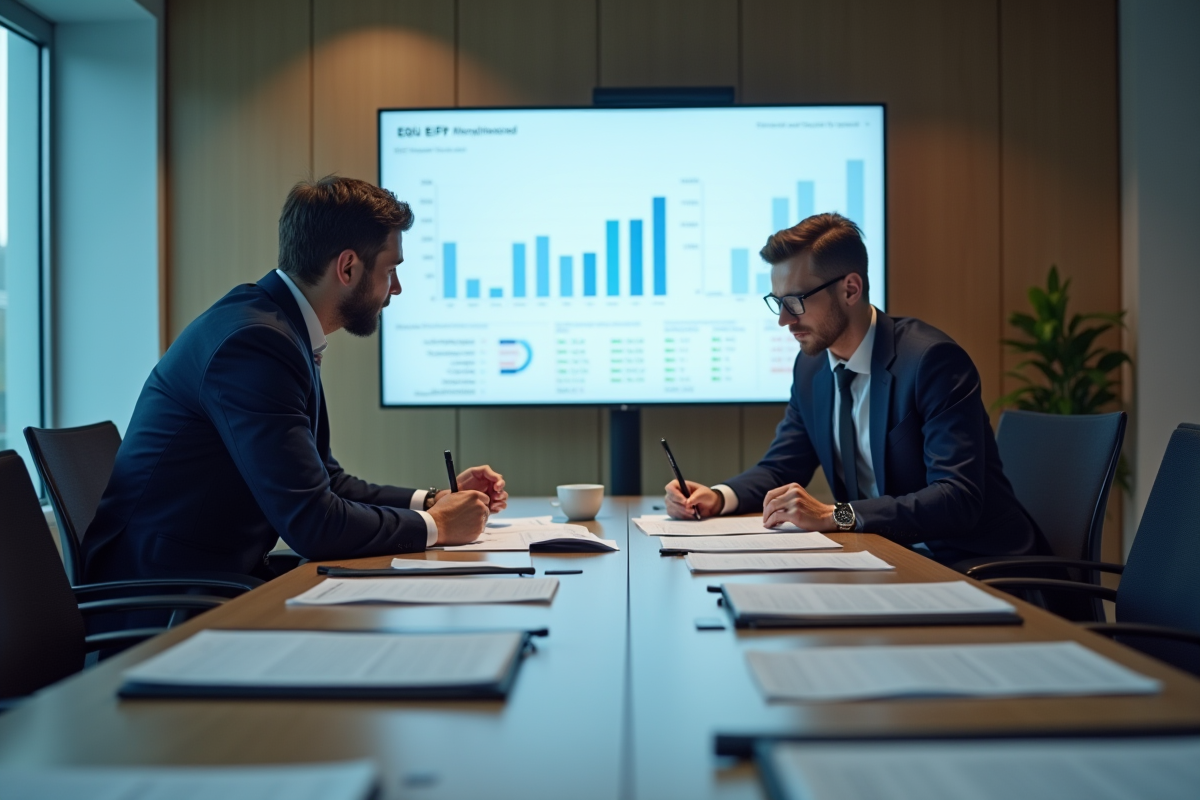 Deux professionnels analysant des documents avec graphiques ERP
