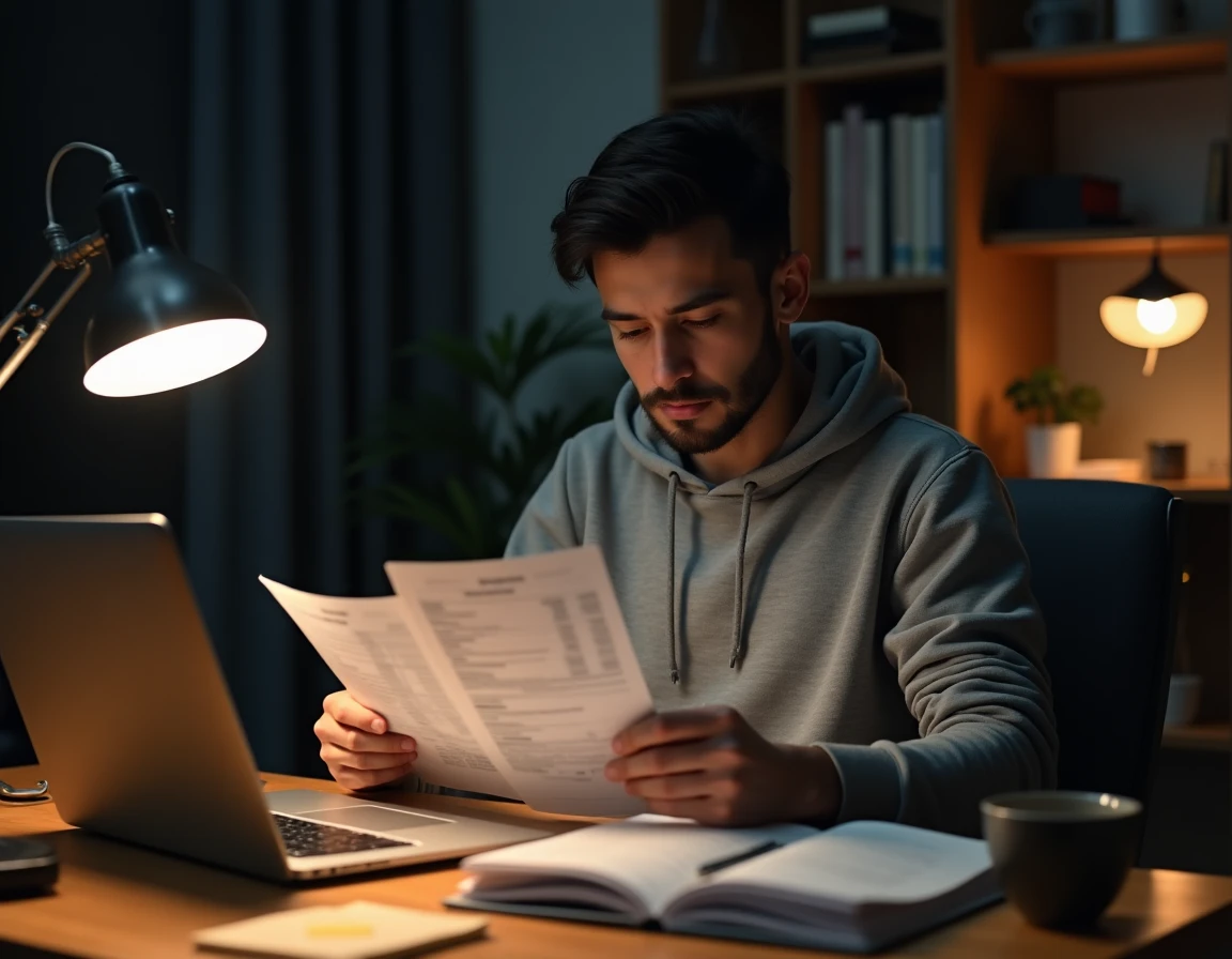 Jeune salarié comparant ses bulletins de salaire pour comprendre le calcul des heures de nuit