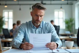 Employé lisant attentivement un contrat de travail de 39 heures à son bureau en open space