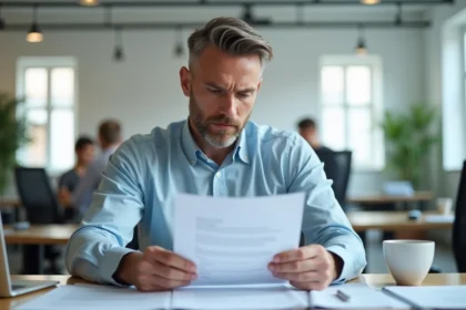 Employé lisant attentivement un contrat de travail de 39 heures à son bureau en open space