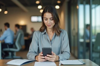 Salariée consultant son coffre-fort numérique Arkevia sur smartphone au bureau