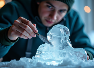 Le zoom sur les métiers en I les moins connus Jeune sculpteur de glace en studio bien éclairé