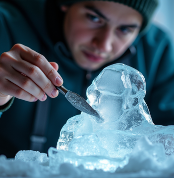 Jeune sculpteur de glace en studio bien éclairé