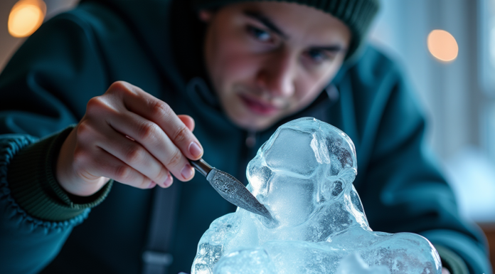 Jeune sculpteur de glace en studio bien éclairé