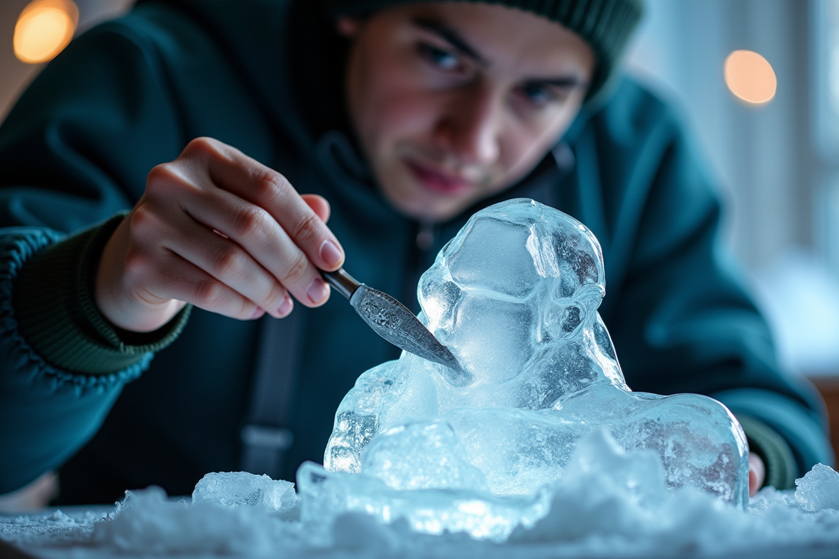 Jeune sculpteur de glace en studio bien éclairé