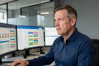 Professionnel de la sécurité informatique consultant un tableau de bord de gestion des rôles et de conformité sur plusieurs écrans en entreprise