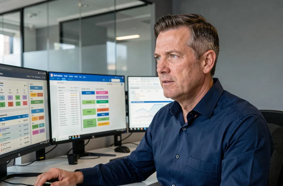 Professionnel de la sécurité informatique consultant un tableau de bord de gestion des rôles et de conformité sur plusieurs écrans en entreprise