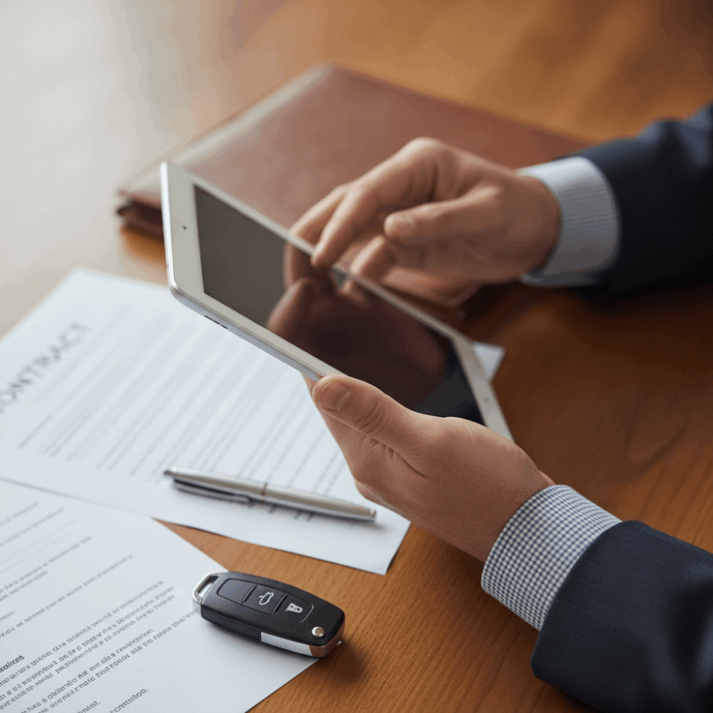 Gros plan sur mains de professionnel automobile tenant tablette pour signature électronique de documents de vente avec contrats et clés de véhicule
