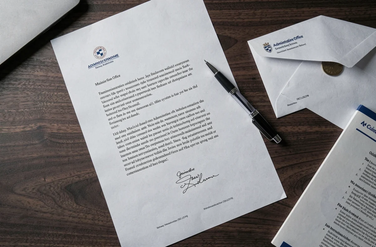 Lettre anonyme de signalement URSSAF pour travail dissimulé posée sur un bureau avec une enveloppe timbrée