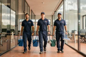 Équipe professionnelle de nettoyage en uniforme entrant dans un immeuble de bureaux moderne en Haute-Garonne