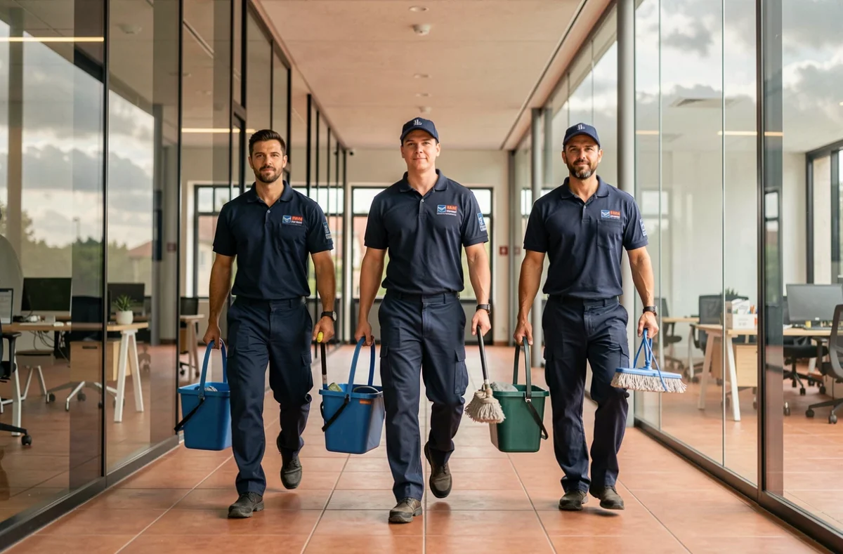 Équipe professionnelle de nettoyage en uniforme entrant dans un immeuble de bureaux moderne en Haute-Garonne
