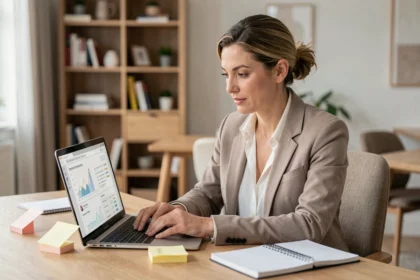 Professionnelle analysant une stratégie de blog business sur ordinateur portable dans un bureau moderne