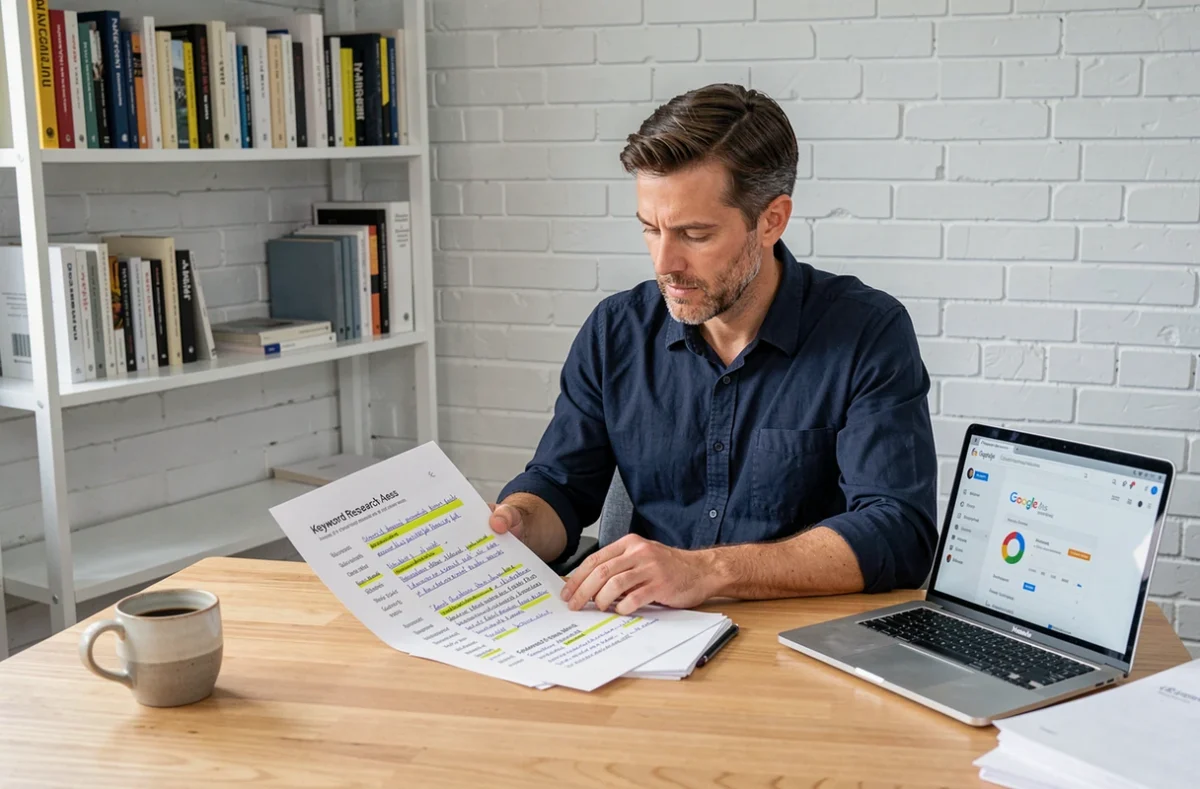 Entrepreneur travaillant sur une stratégie de mots-clés PPC avec des notes manuscrites et une interface Google Ads ouverte dans un bureau à domicile