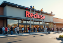 Supermarché moderne en rénovation avec ouvriers et clients curieux