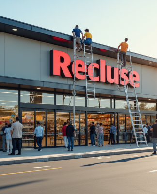 Supermarché moderne en rénovation avec ouvriers et clients curieux