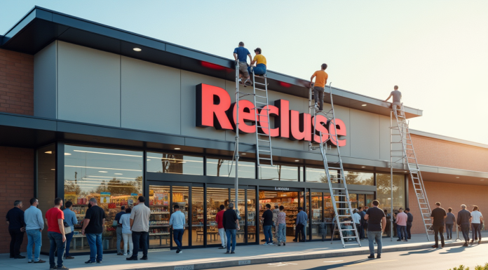 Nouvelle enseigne pour remplacer Cora : les options du marché actuel Supermarché moderne en rénovation avec ouvriers et clients curieux