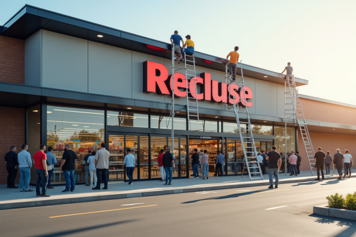 supermarket-enseigne-renouvellement Supermarché moderne en rénovation avec ouvriers et clients curieux