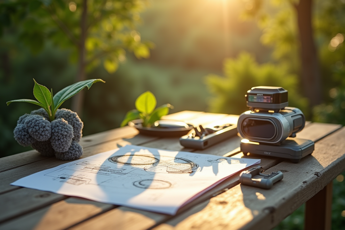 Table en plein air avec outils de decouverte et invention