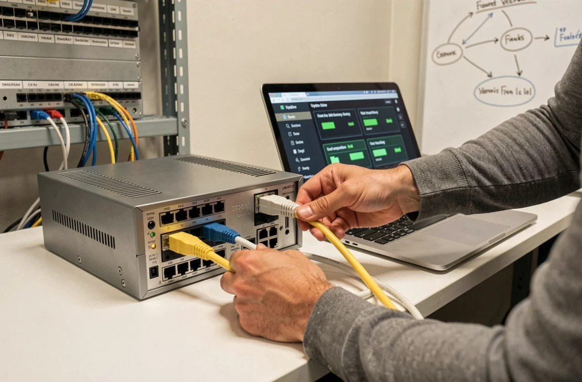 Technicien connectant des câbles réseau sur un routeur professionnel dans le cadre d'un déploiement bi-connexion en entreprise