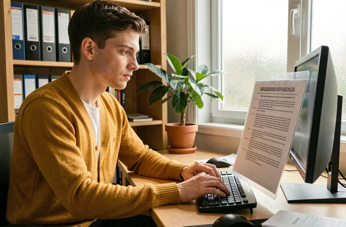 Jeune professionnel en télétravail consultant une fiche mémo imprimée plastifiée posée contre un écran