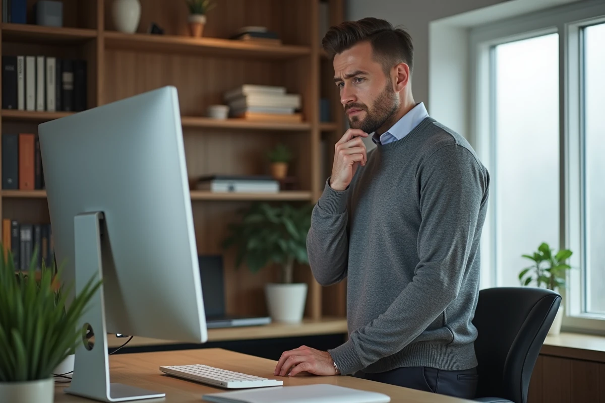 Homme en télétravail relisant un courriel professionnel sur un grand écran dans un bureau à domicile soigné