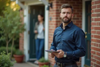 Vendeur porte-à-porte maintenant une posture professionnelle et calme après un refus devant une maison résidentielle