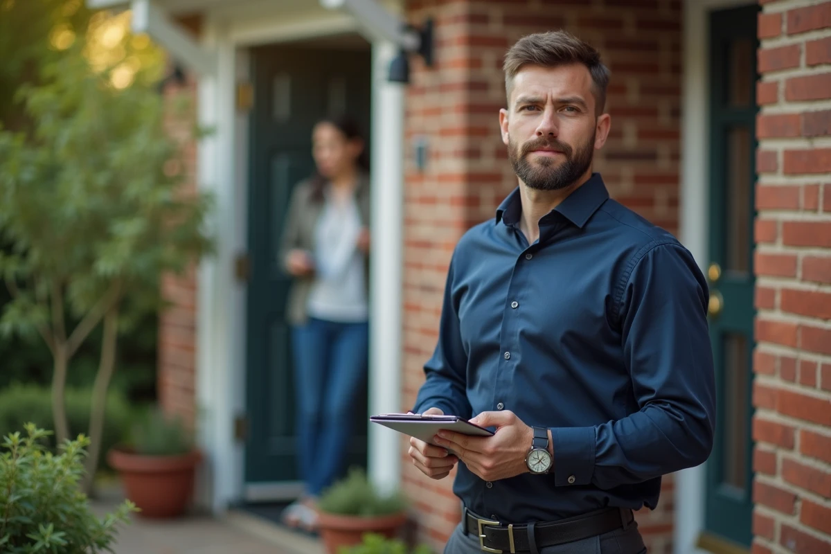 Vendeur porte-à-porte maintenant une posture professionnelle et calme après un refus devant une maison résidentielle