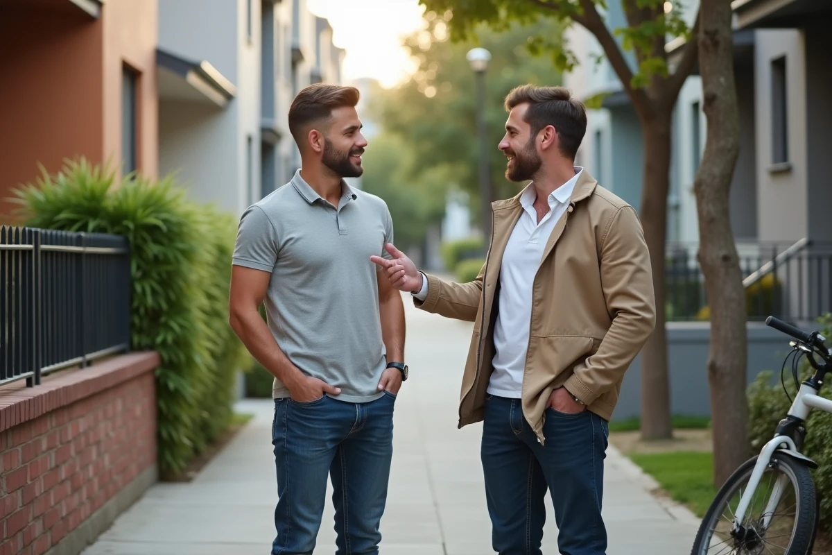 Deux vendeurs porte-à-porte se soutenant mutuellement après des refus clients dans un quartier résidentiel urbain